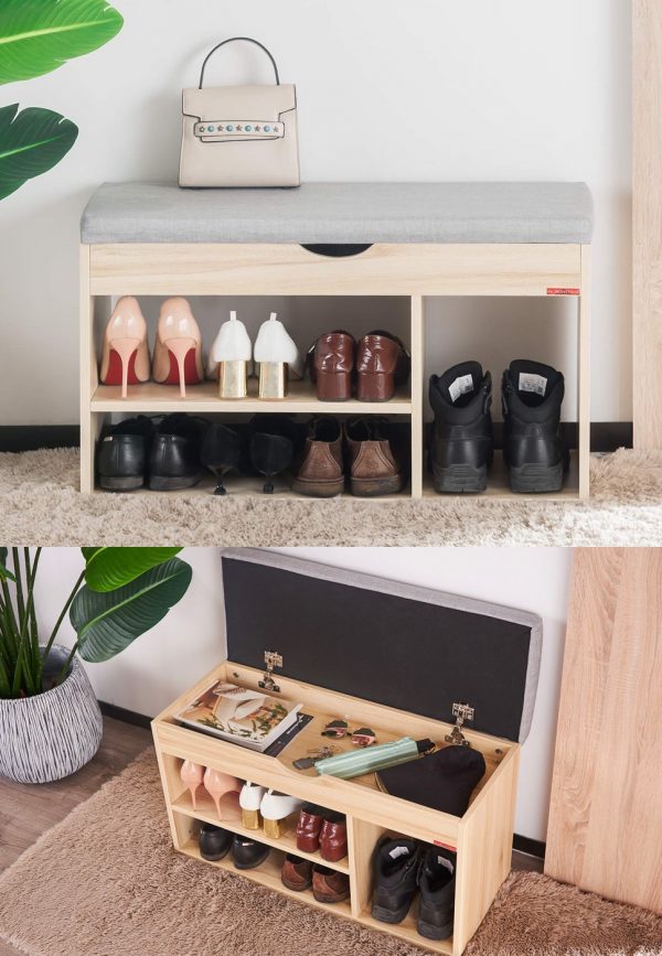 Entryway Bench with Flip-up Padded Cushion and Storage Space 2-Tier & 1- Hidden Compartment Shoe Rack for Bedroom Brown APICIZON Shoe Storage Bench 
