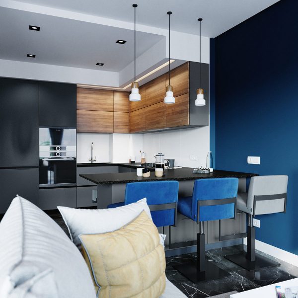 Compact And Cool Blue Interiors With Warm Accents