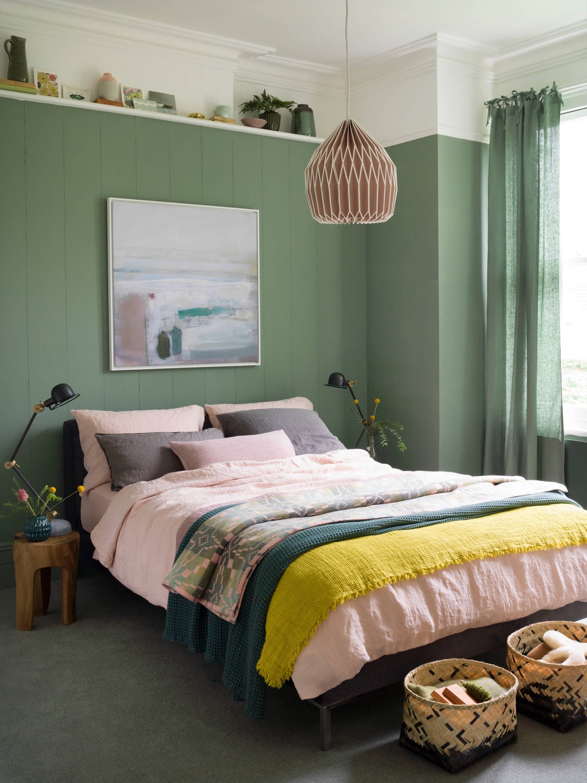 Contemporary Bedroom In Olive Green White And Pink