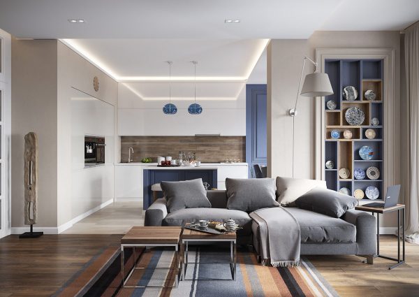 Compact And Cool Blue Interiors With Warm Accents