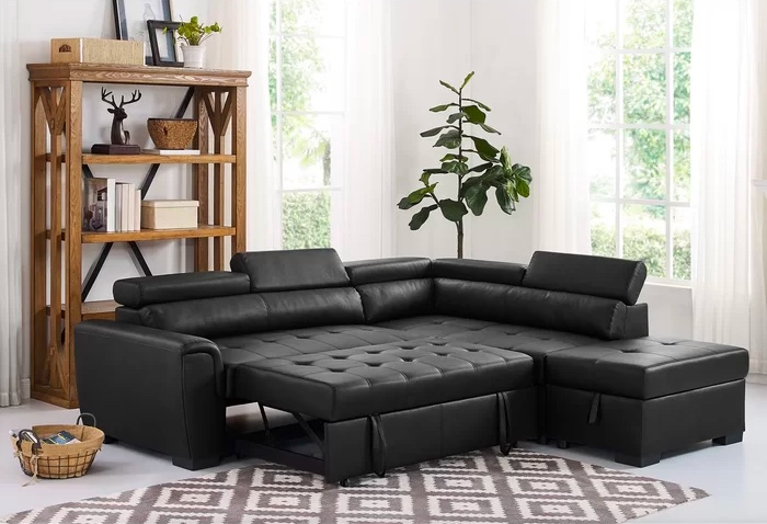 Modern Style Convertible Sofa Bed Futon Couch Sleeper in Black Microfiber w/ Leg 