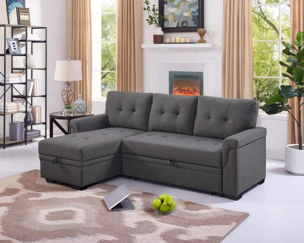 Details about   Modern Reversible Tufted Sleeper Sofa Sectional Storage Chaise Charcoal Fabric 