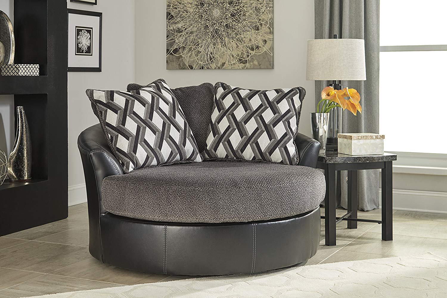 Oversized Swivel Barrel Chair With Faux Leather Upholstery Matching Accent Pillows For Living Room Media Room 
