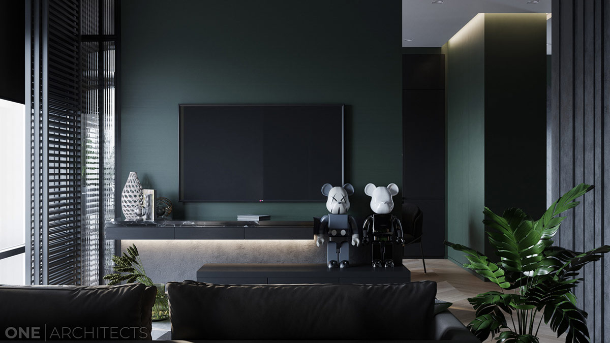 Black White And Dark Green Living Room