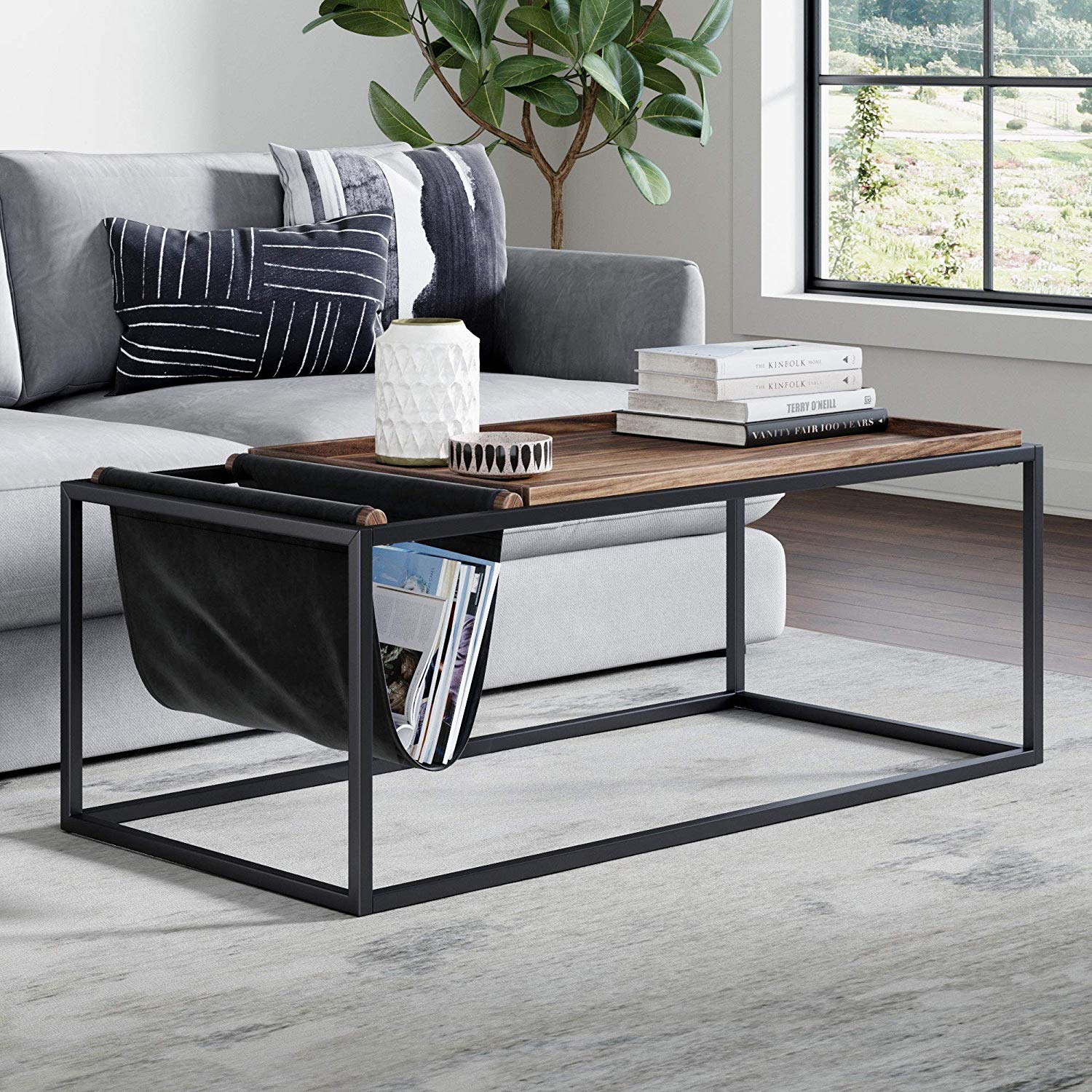 Modern Minimalist Two-Story Coffee Table Living Room Coffee Desk with Sturdy Steel Legs,Ship from US Warehouse