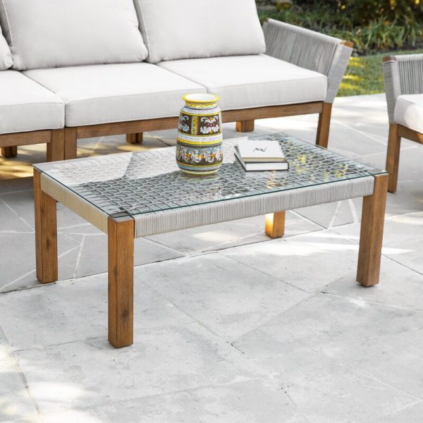 Afuera Living 44 Glass Top Wicker Patio Coffee Table in Brown 