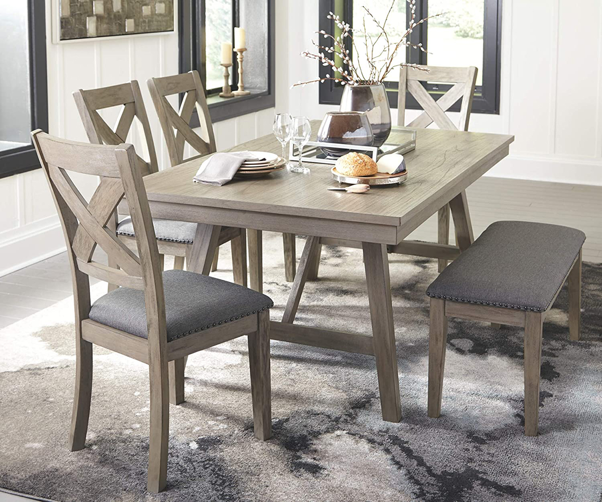 Farmhouse Dining Table for 6 With Grey Fabric and Nailhead Trim
