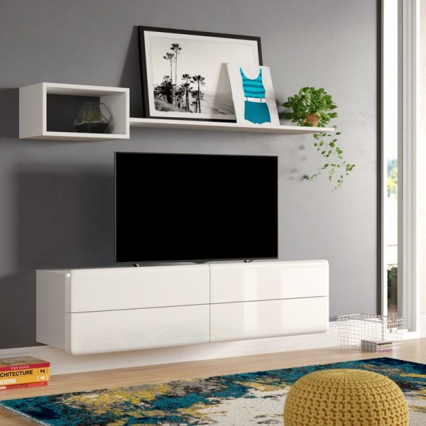 White Living Room TV Unit High-gloss Door Wall Mounted Floating Cabinet Cupboard