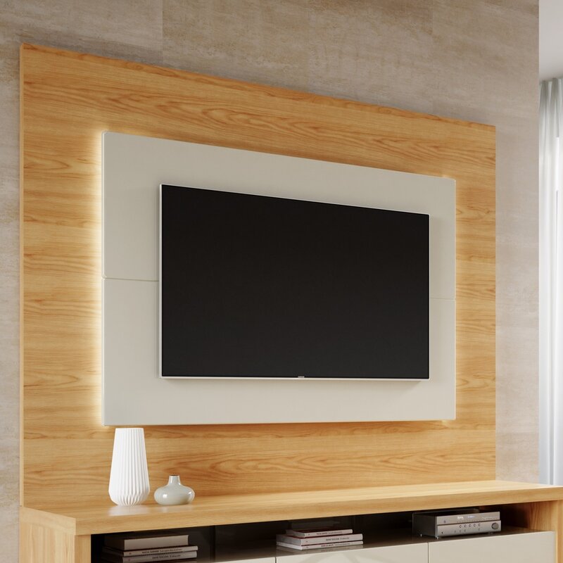 LED Backlit Floating TV Stand with Bamboo Wood Wall Panel | Interior