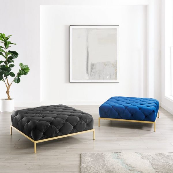 Square Modern Pink Velvet Ottoman with Gold Stainless Steel