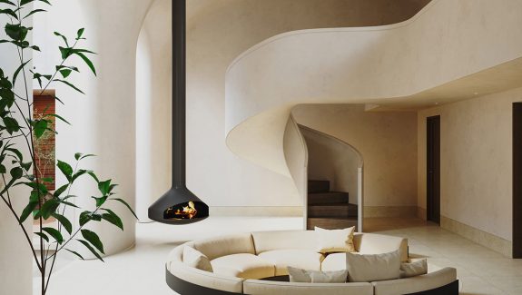 Creamy Home Interior With Curvaceous Staircase Design & Courtyard