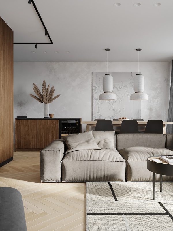 Classy Charcoal & Brown Apartment Interior Under 80 Sqm, With Layout