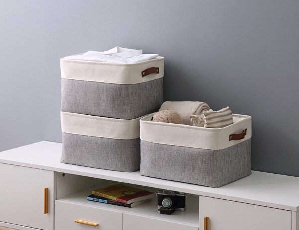 Small Linen Fabric Foldable Organizer Storage Basket with Handle Bg 