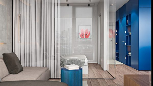 Cool & Clear Interiors With Blue Accents And Glass Walls