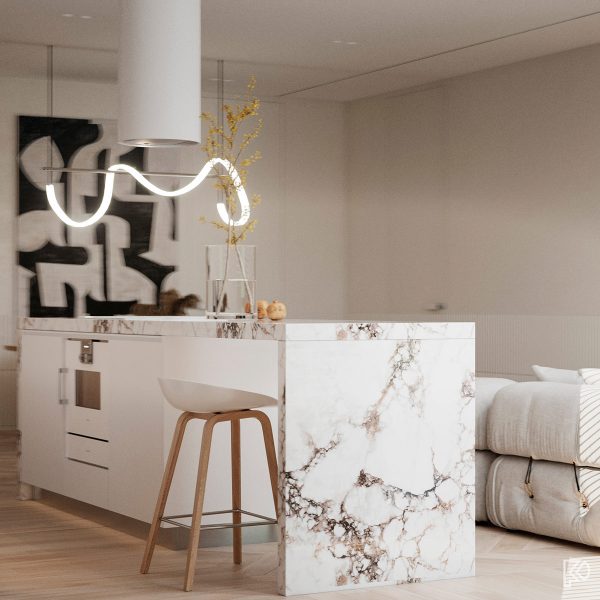 Light And Cozy Minimalist Moods With White Marble & Wood Accents