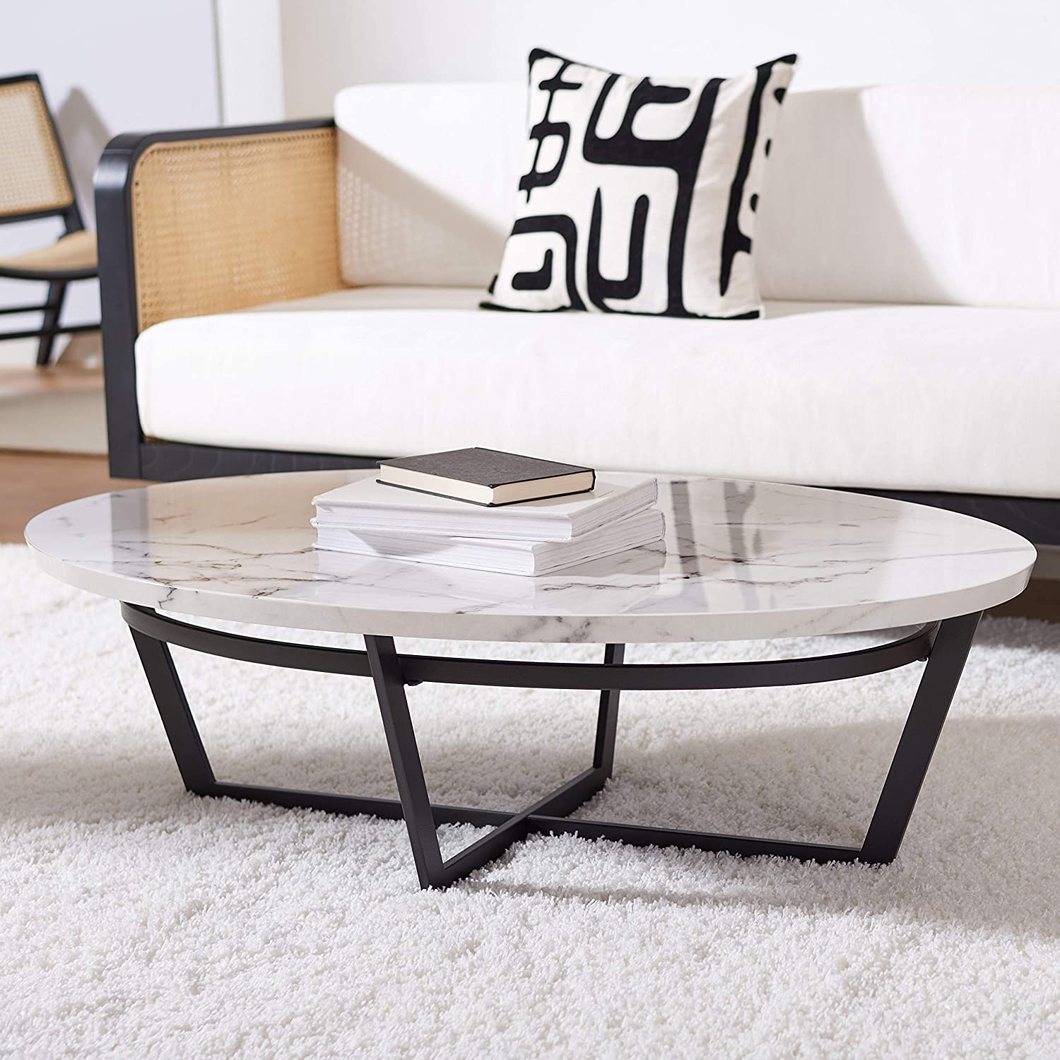 Faux Marble Oval Coffee Table Black Contemporary Base Luxury Affordable Living Room Furniture For Transitional Decor Themes 