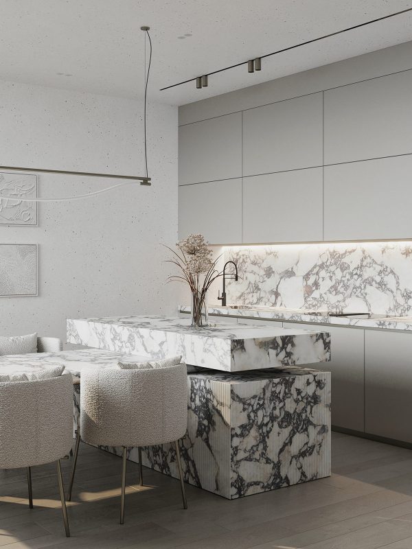 Immaculate White Interior Design With Luxurious Marble Decor