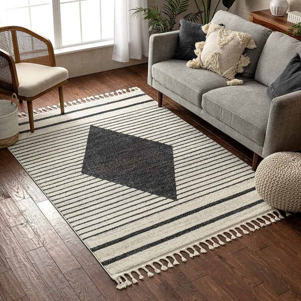 New Design Blocks Striped Grey Black Beige Thick Pile quality Rugs at Low Cost 