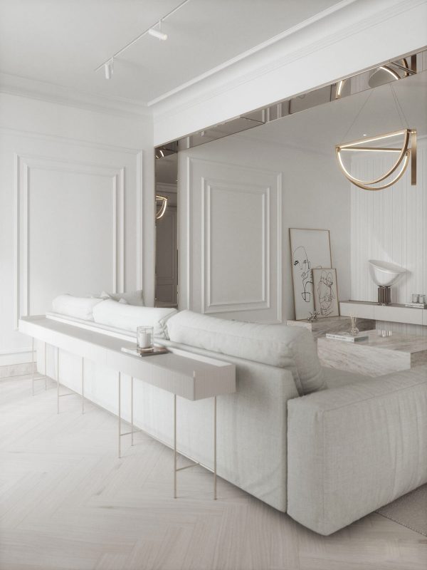 Light & Luxurious White Interior With Mirror, Metal & Marble Accents