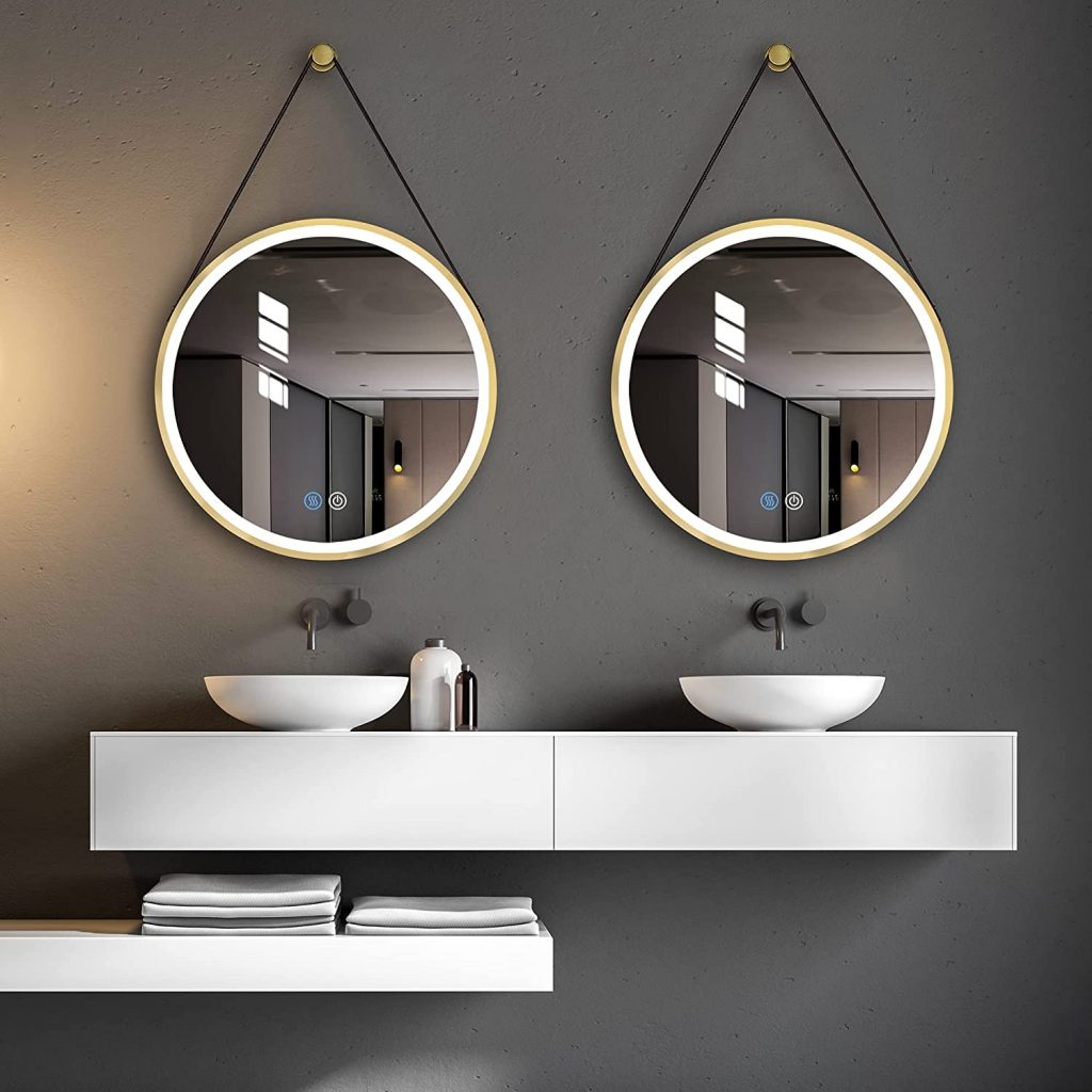 circular LED bathroom mirror with gold details hanging vanity mirror