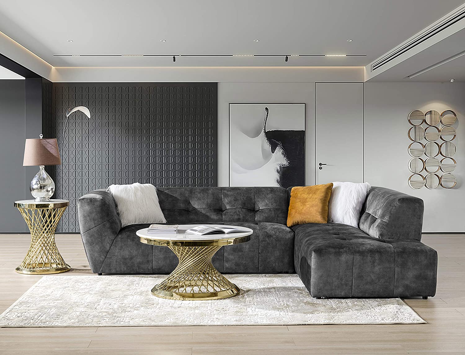 modern black velvet sectional sofa dark grey tufted design minimalist