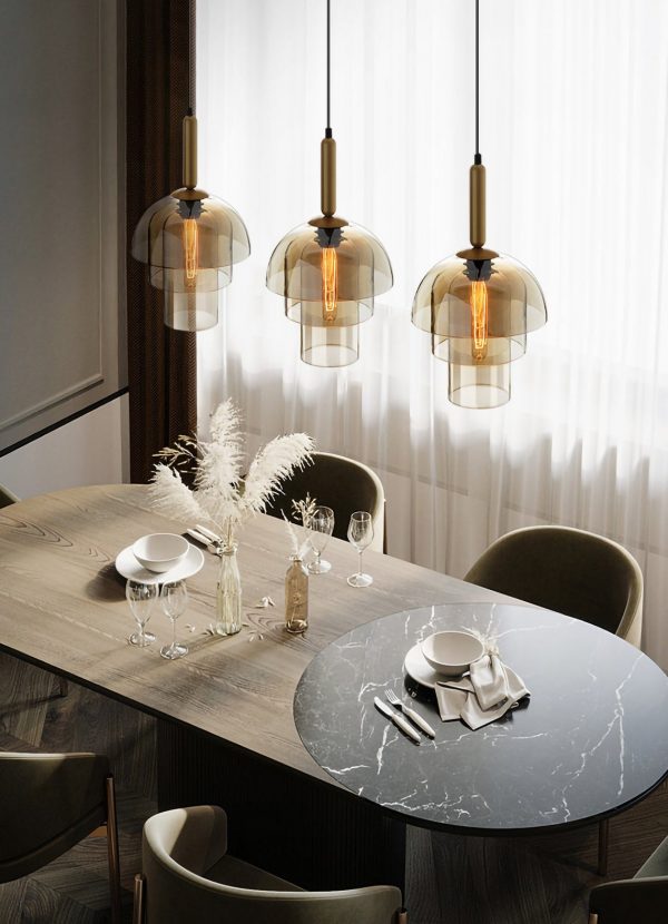 Modern Multi-Light Pendant Light with Brown Art Glass and 3-Lights 