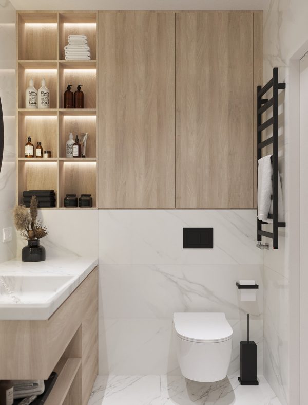 Clean-cut White Marble and Wood Accent Interiors