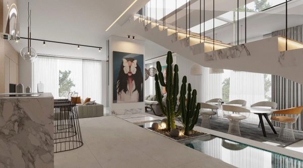 Interiors With Pockets Of Greenery And Modern Staircases