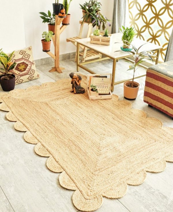 Braided Patio Jute Scalloped Rugs 3x5 feet Natural Jute Dining Room RAG RUGS Customize in any size Bohemian Living Room Area Rug