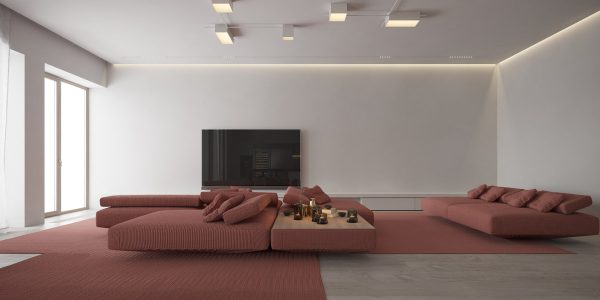 Minimalist Interior With Red Accent Decor (Includes Floor Plan)