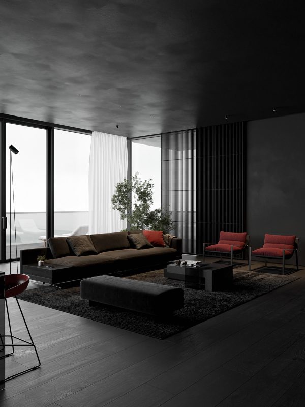 Dark and Mysterious Interior With Red Accents