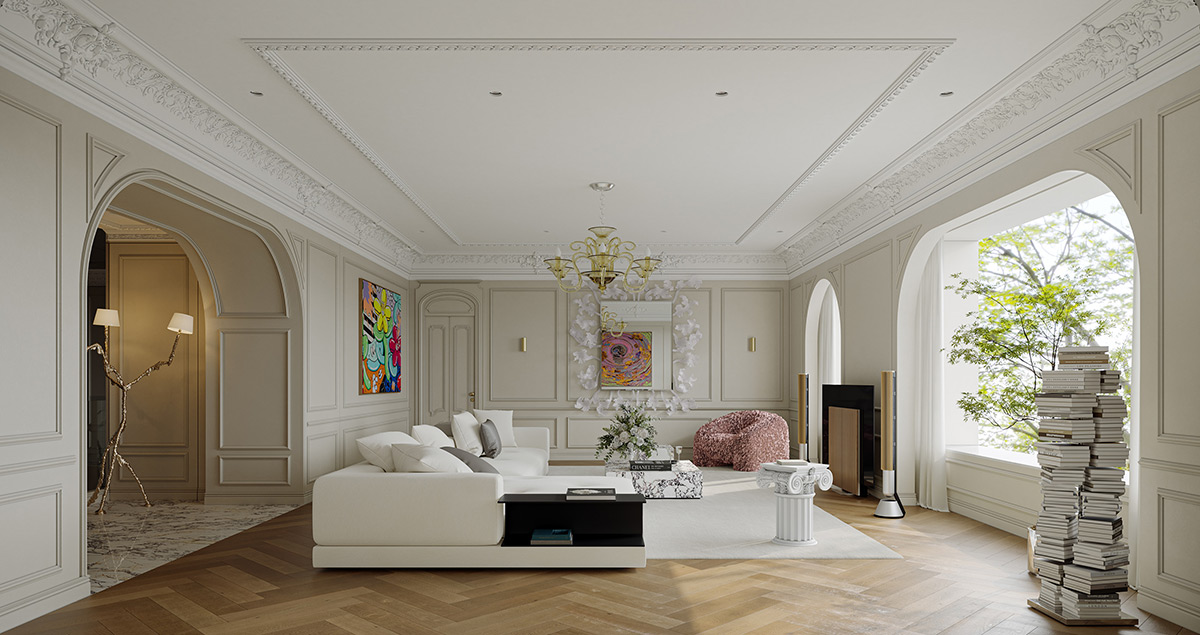 Color-Dashed Neoclassical Interiors On Contrasting Scales