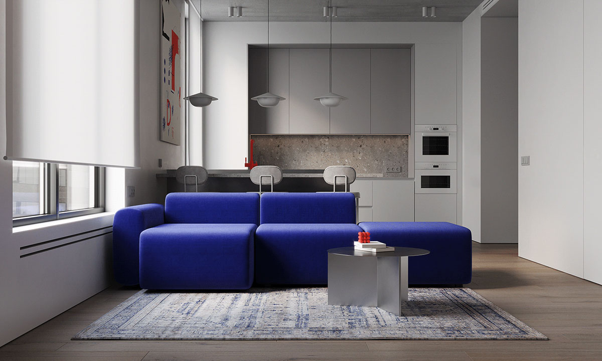 Powerfully Cohesive Blue and Red Accent Home Interior thumbnail