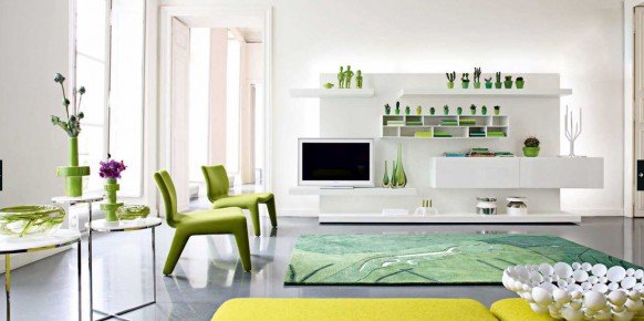 sala de estar verde blanca moderna