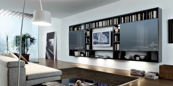 black brown white contemporary living spaces built ins