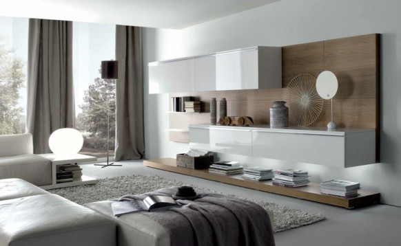 Elegantes espacios de vida contemporáneos de color blanco topo construidos en el interior