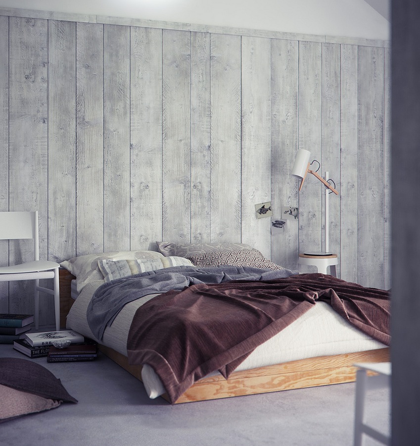 Wood Wall Panelling Platform Bed Interior Design Ideas - Grey Wall Panels Bedroom
