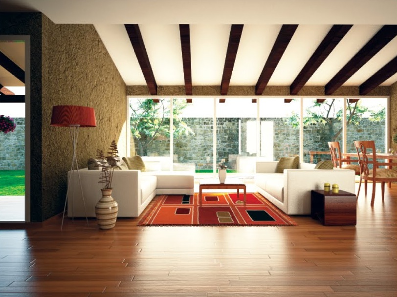Orange accent living room ceiling beams | Interior Design ...