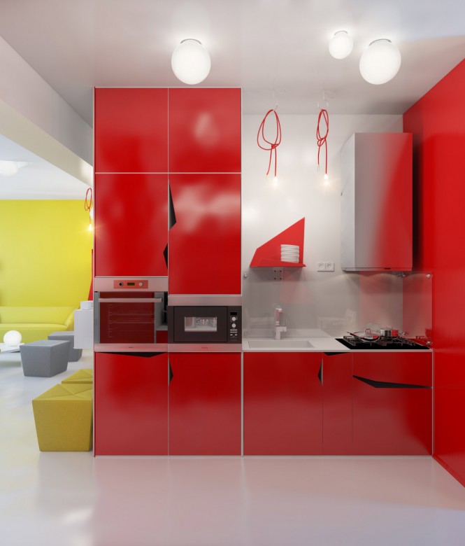 contemporary red kitchen units