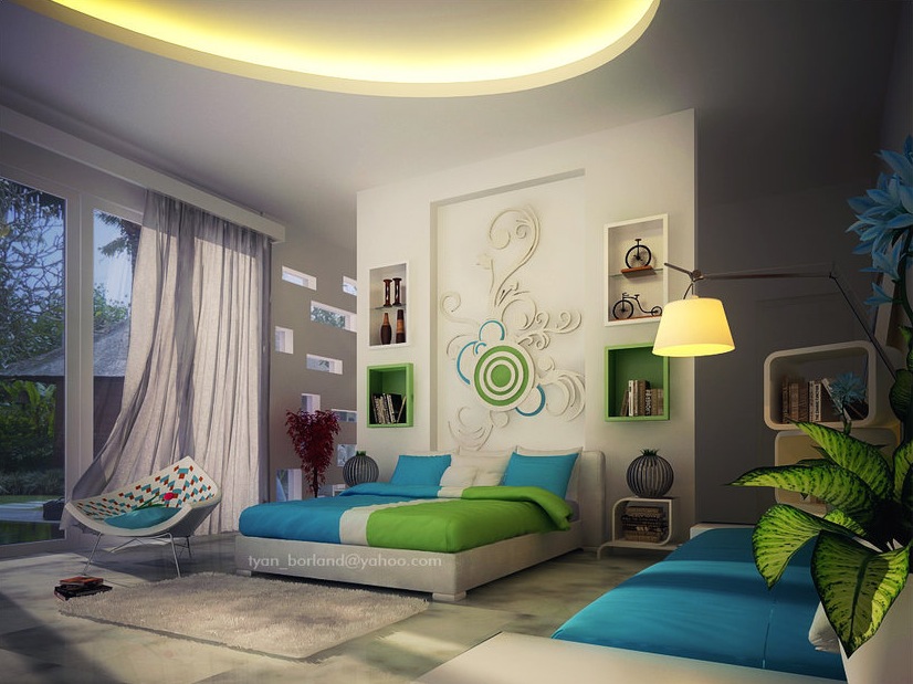 Green Blue White Contemporary Bedroom Decor Interior Design Ideas - Blue And Green Home Decor