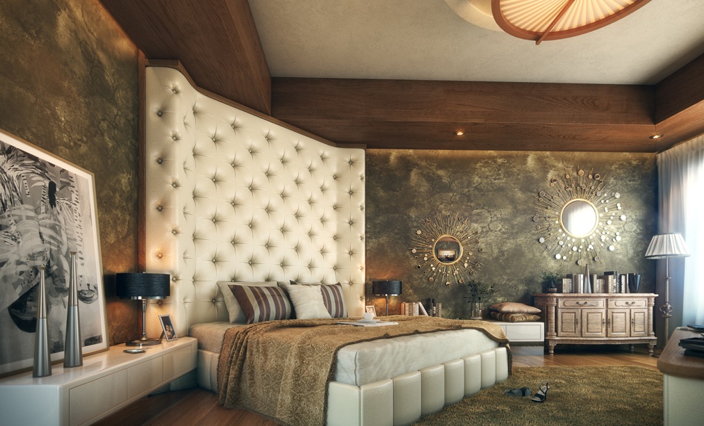 oversized cushioned headboard luxurious bedroom | Interior Design Ideas
