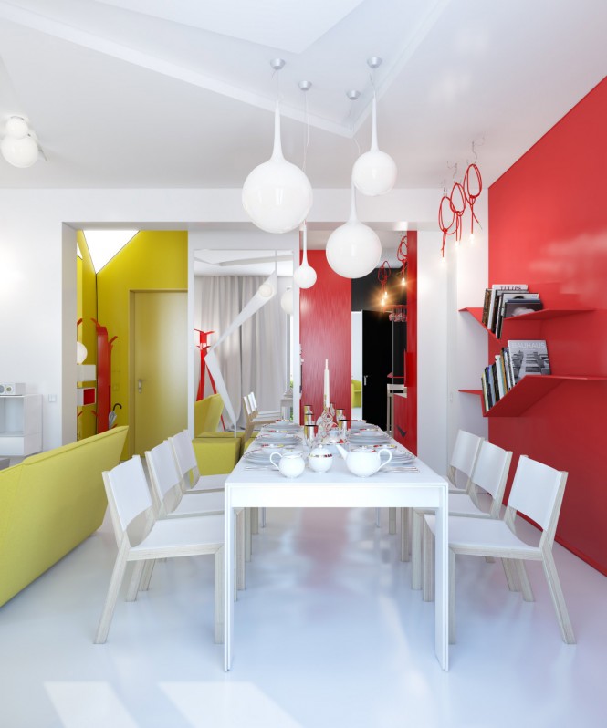 The bold red and yellow color story begins at the front door and continues throughout the entire apartment, with an overall look reminiscent of a pop art painting (or dare we say it, a little like a McDonalds Happy Meal?) This décor scheme won't be for everyone admits Marinenko "The apartment is designed for a short stay in it, for example, for guests or for being alone there and take a break from the daily monotonous life."