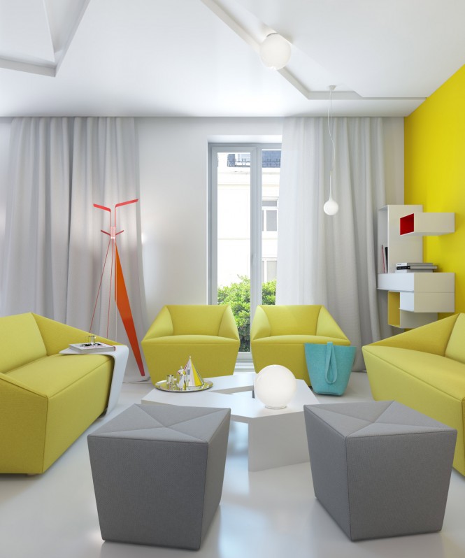 yellow gray white modern living room