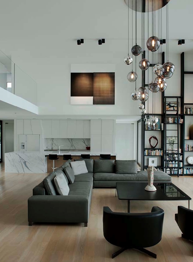 High Ceiling Decorating Ideas - High Ceiling Modern Living Room Lighting