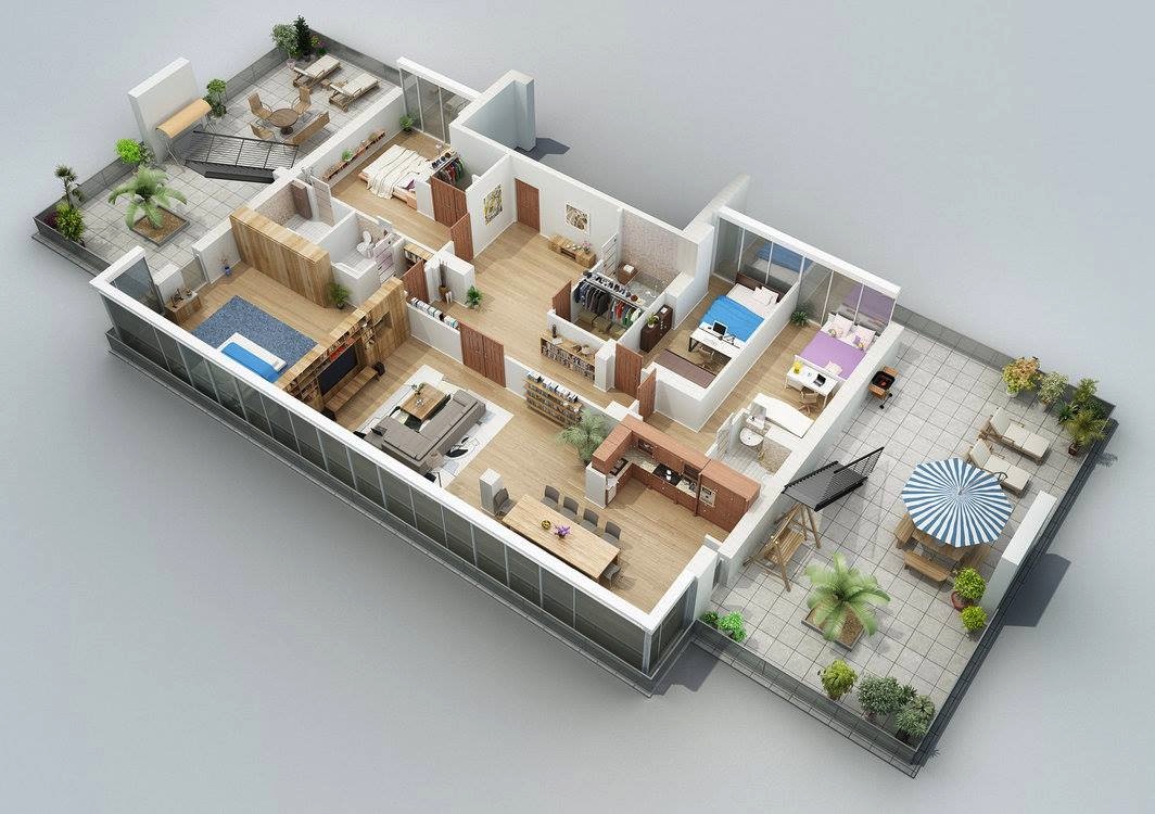 Apartment designs shown with rendered 3d floor plans for 3d house design