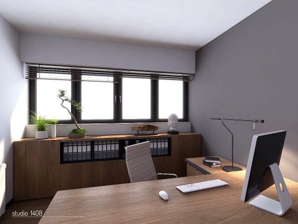 This neat and tidy office space is bright and open with a wall of windows in the rear and has decorative elements, such as the bonsai tree, paying tribute to Japanese interior design which minimalism was born from.