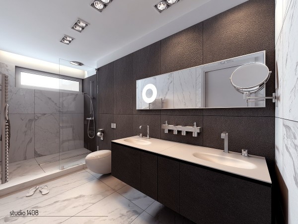 The linear design is carried into the bathrooms of these gorgeous homes. Everything is very clean-cut and the marble adds a luxurious touch without going over the top.