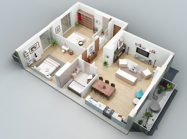 Apartment Designs Shown With Rendered 3D Floor Plans