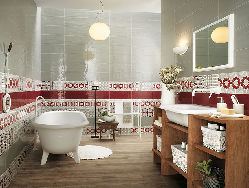 Red White Bathroom Border Tiles Interior Design Ideas - Bathroom Border Designs