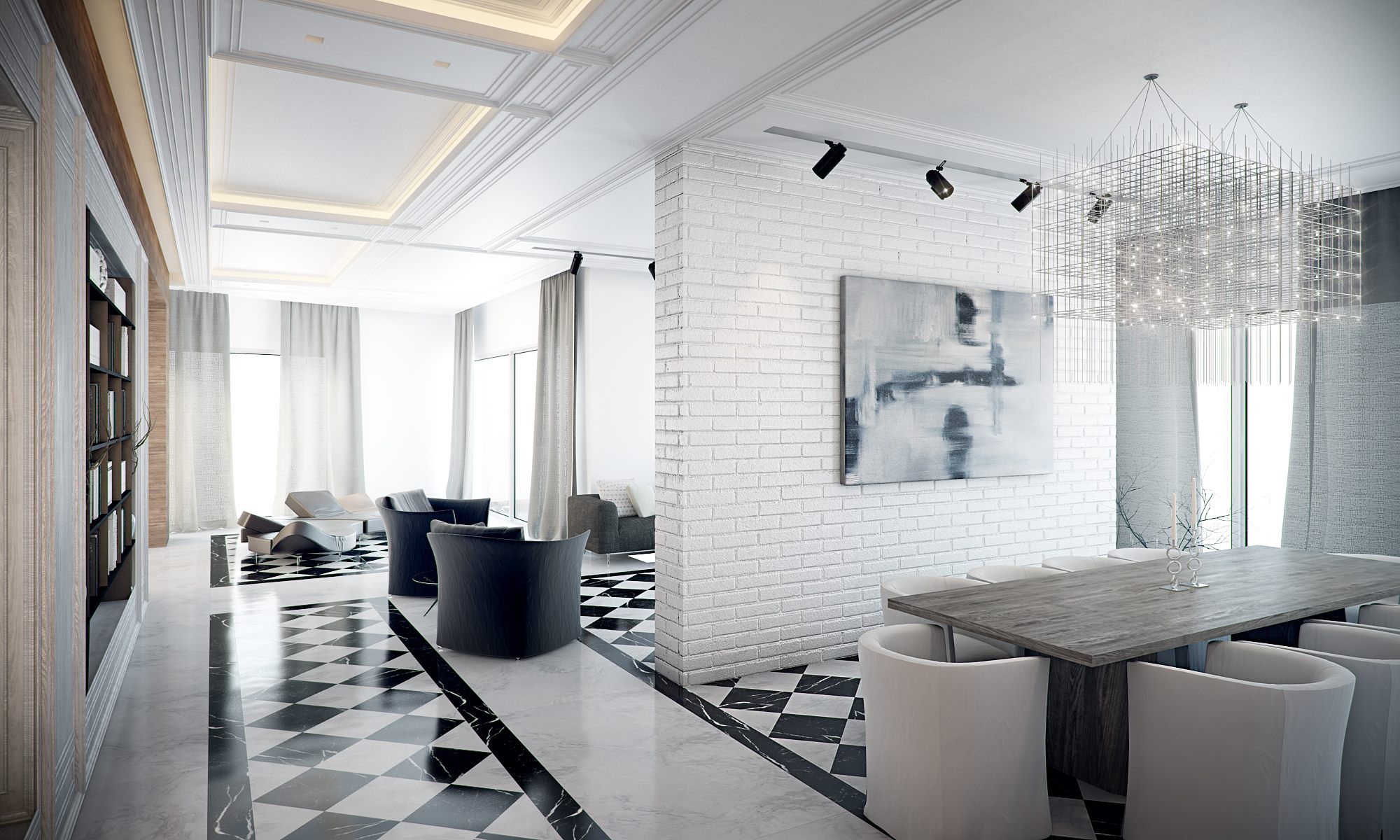 White Floor Tiles Interior Design, Black And White Tile Floor Living Room